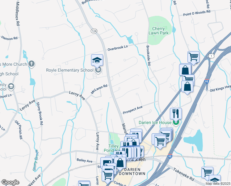 map of restaurants, bars, coffee shops, grocery stores, and more near 92 Mansfield Avenue in Darien
