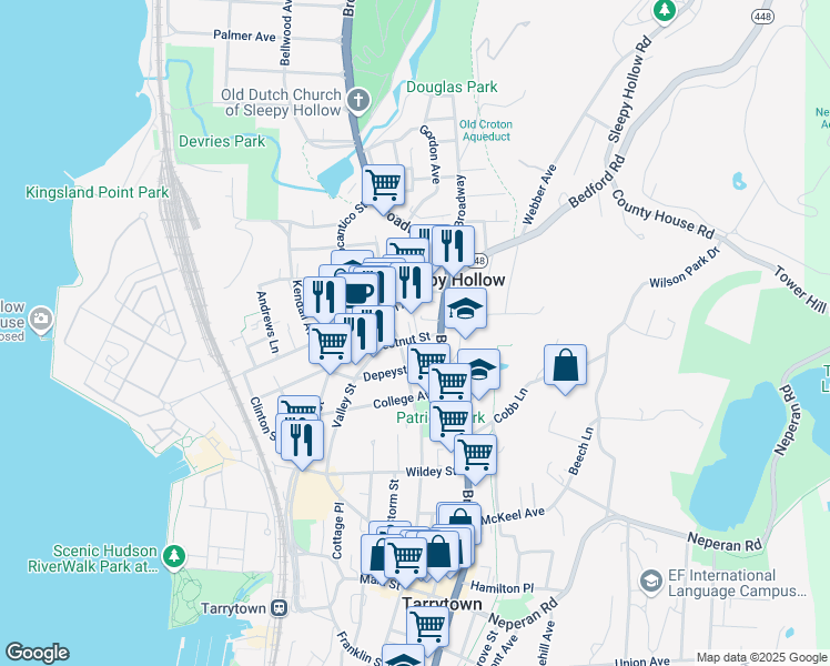 map of restaurants, bars, coffee shops, grocery stores, and more near 204 North Washington Street in Sleepy Hollow