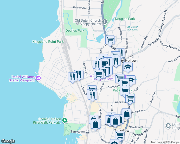 map of restaurants, bars, coffee shops, grocery stores, and more near 144 Beekman Avenue in Sleepy Hollow