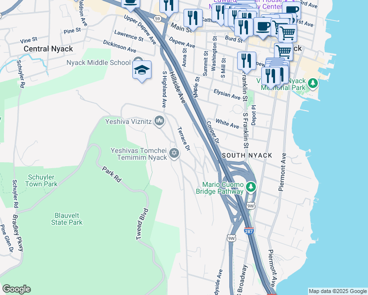 map of restaurants, bars, coffee shops, grocery stores, and more near 38 South Boulevard in Nyack