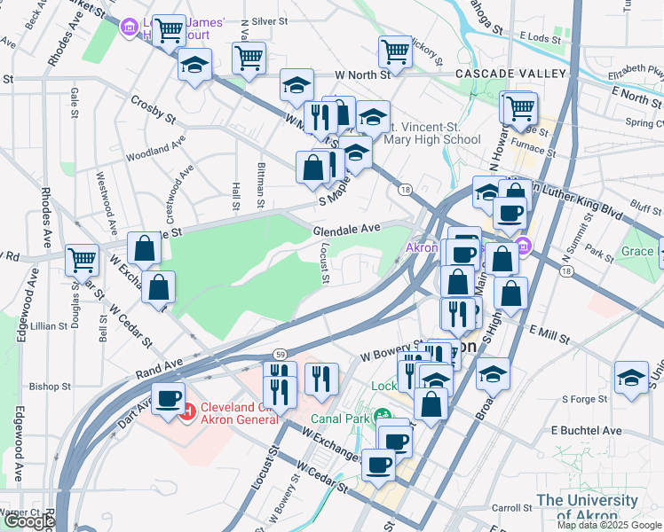 map of restaurants, bars, coffee shops, grocery stores, and more near 143 Locust Street in Akron