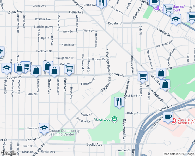 map of restaurants, bars, coffee shops, grocery stores, and more near 521 Fernwood Drive in Akron
