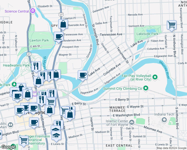 map of restaurants, bars, coffee shops, grocery stores, and more near 819 Columbia Avenue in Fort Wayne