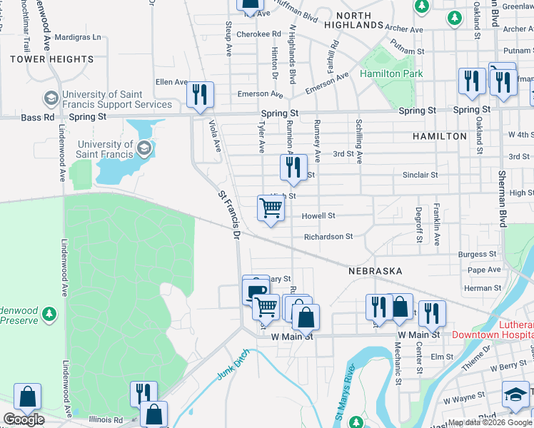 map of restaurants, bars, coffee shops, grocery stores, and more near 1814 Richardson Street in Fort Wayne