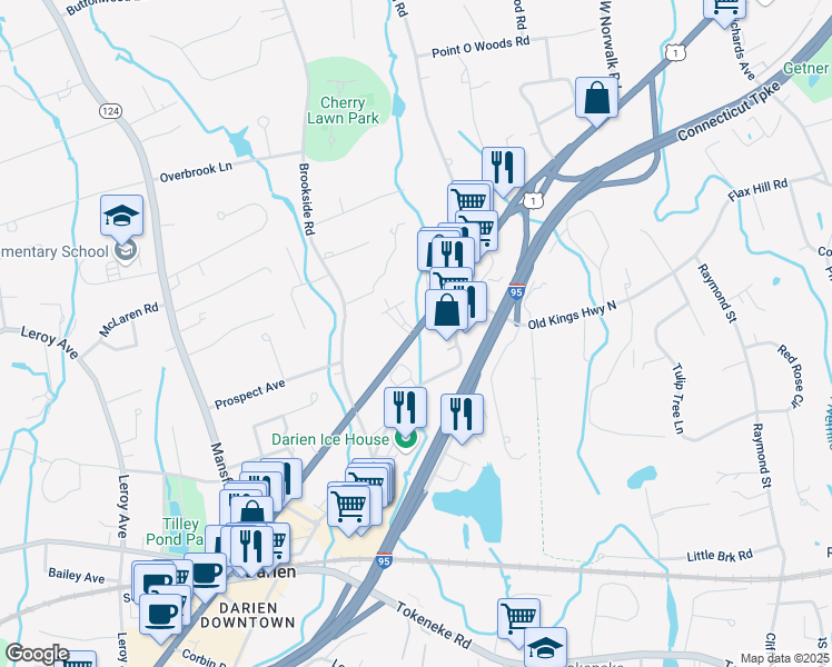 map of restaurants, bars, coffee shops, grocery stores, and more near 98 Old Kings Highway North in Darien
