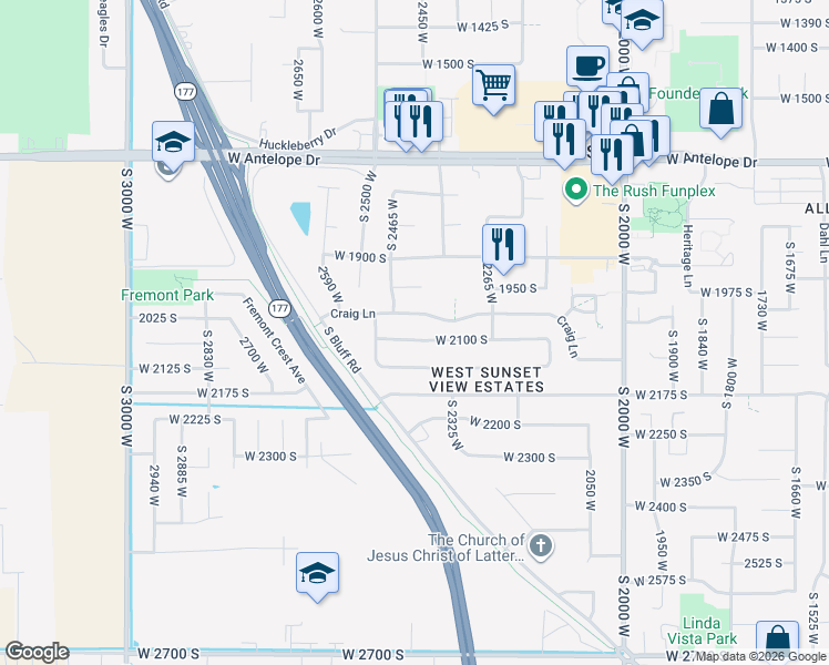 map of restaurants, bars, coffee shops, grocery stores, and more near 2422 West 2100 South in Syracuse