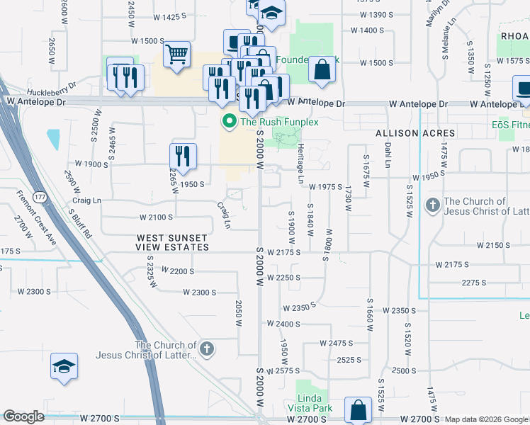 map of restaurants, bars, coffee shops, grocery stores, and more near 2047 South 2000 West in Syracuse