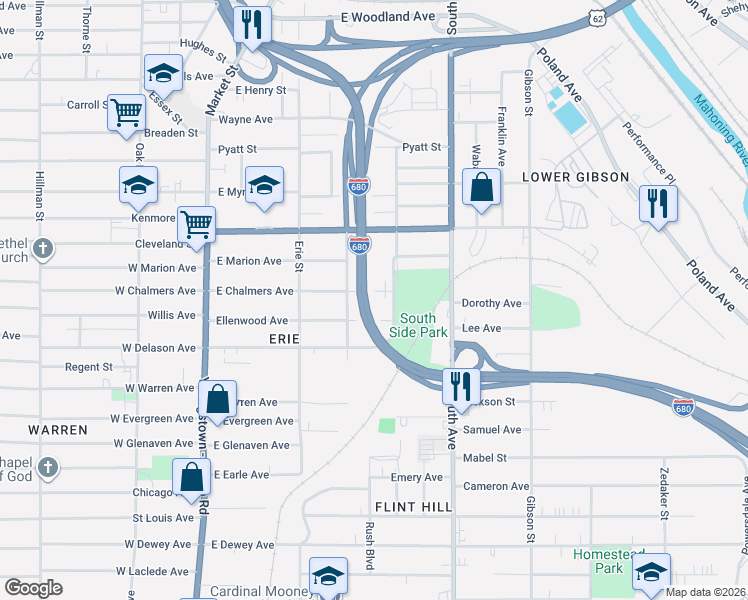 map of restaurants, bars, coffee shops, grocery stores, and more near 250 Ellenwood Avenue in Youngstown
