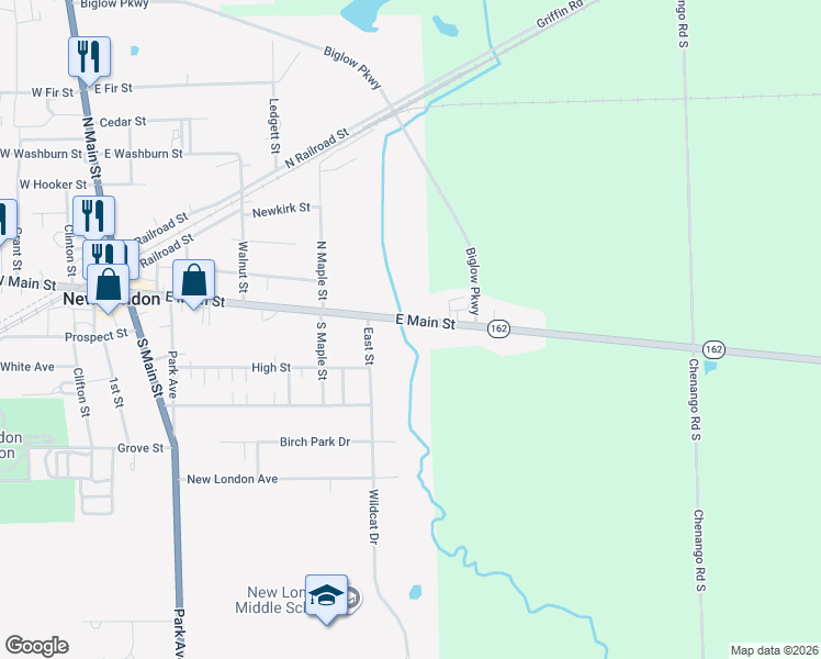 map of restaurants, bars, coffee shops, grocery stores, and more near 260 East Main Street in New London