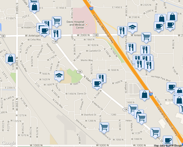 map of restaurants, bars, coffee shops, grocery stores, and more near in Layton