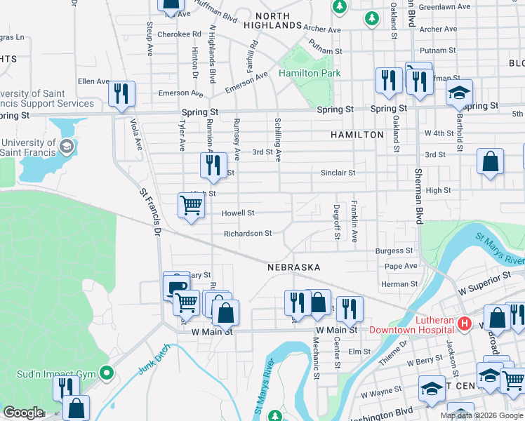 map of restaurants, bars, coffee shops, grocery stores, and more near 1620 Richardson Street in Fort Wayne