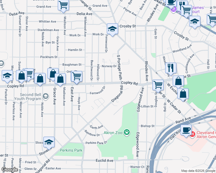 map of restaurants, bars, coffee shops, grocery stores, and more near 521 Fernwood Drive in Akron
