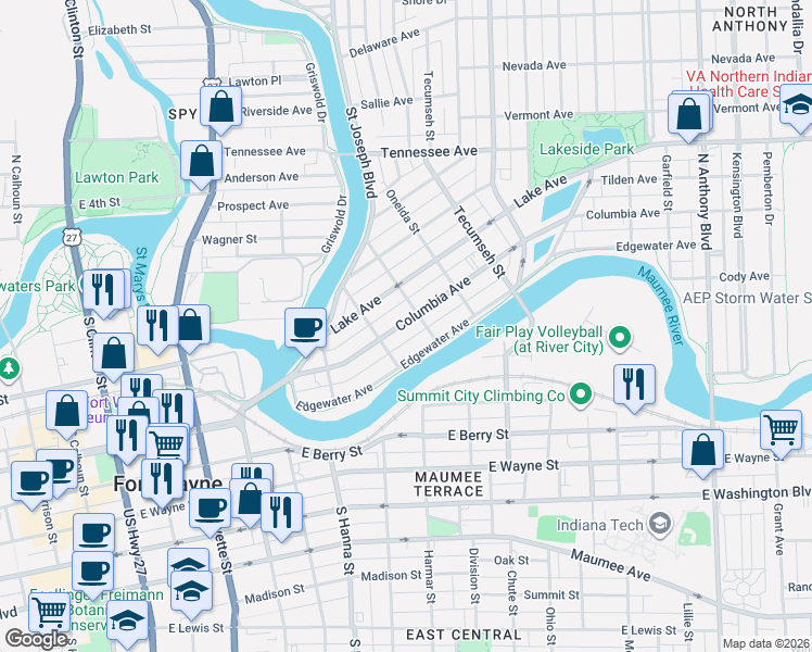 map of restaurants, bars, coffee shops, grocery stores, and more near 923 Edgewater Avenue in Fort Wayne