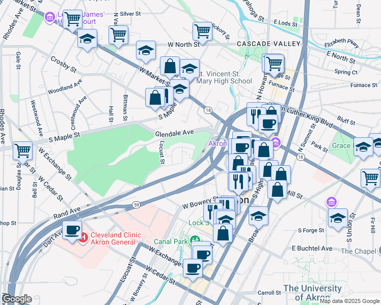 map of restaurants, bars, coffee shops, grocery stores, and more near 146 King Drive in Akron