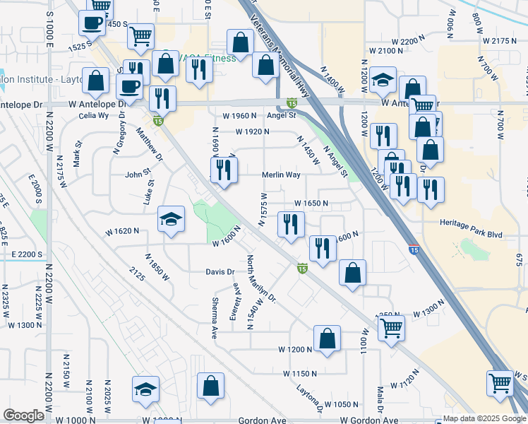 map of restaurants, bars, coffee shops, grocery stores, and more near in Layton