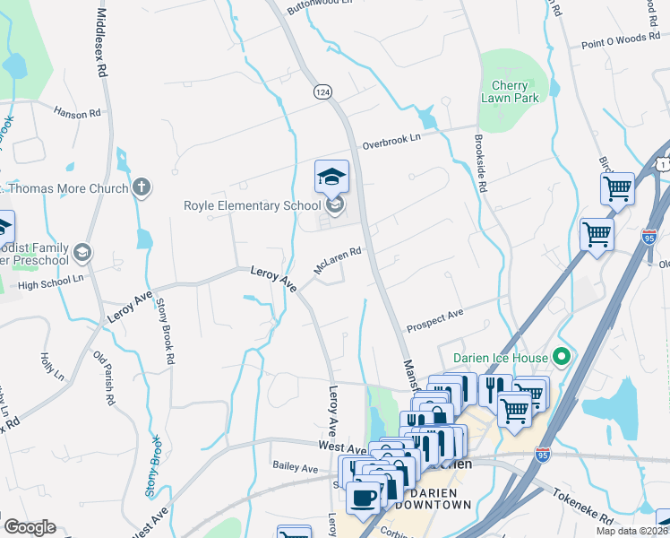 map of restaurants, bars, coffee shops, grocery stores, and more near 6 McLaren Road South in Darien