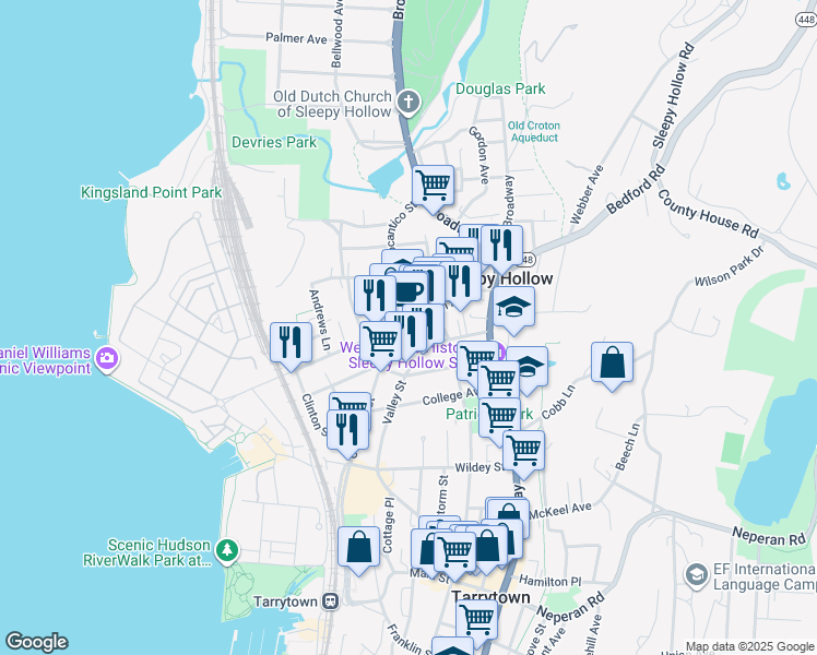 map of restaurants, bars, coffee shops, grocery stores, and more near 185 Valley Street in Sleepy Hollow