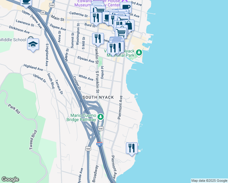map of restaurants, bars, coffee shops, grocery stores, and more near 205 South Broadway in Nyack