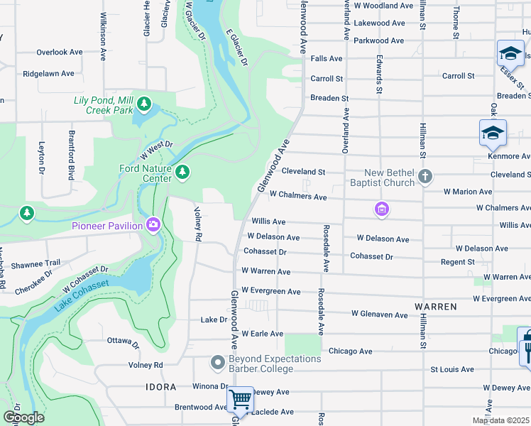 map of restaurants, bars, coffee shops, grocery stores, and more near 605 Willis Avenue in Youngstown