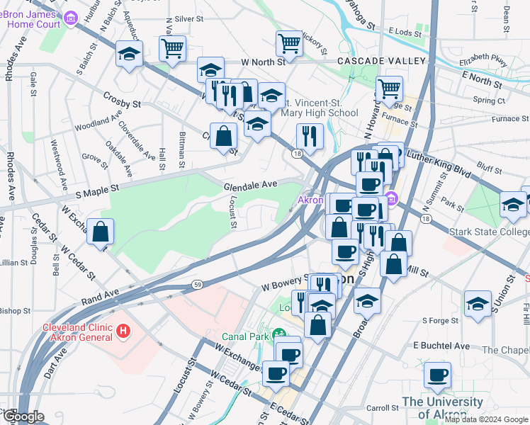 map of restaurants, bars, coffee shops, grocery stores, and more near 102 Wills Avenue in Akron