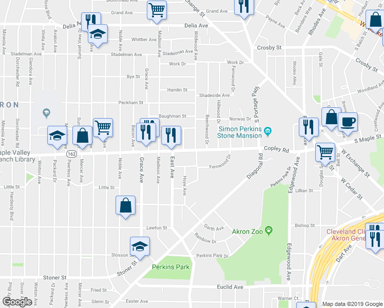 map of restaurants, bars, coffee shops, grocery stores, and more near 531 Wildwood Avenue in Akron