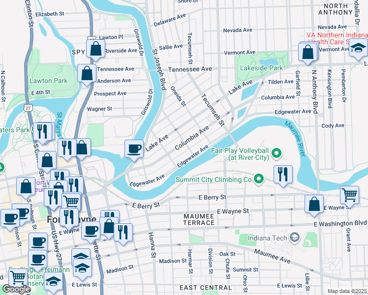 map of restaurants, bars, coffee shops, grocery stores, and more near 923 Edgewater Avenue in Fort Wayne