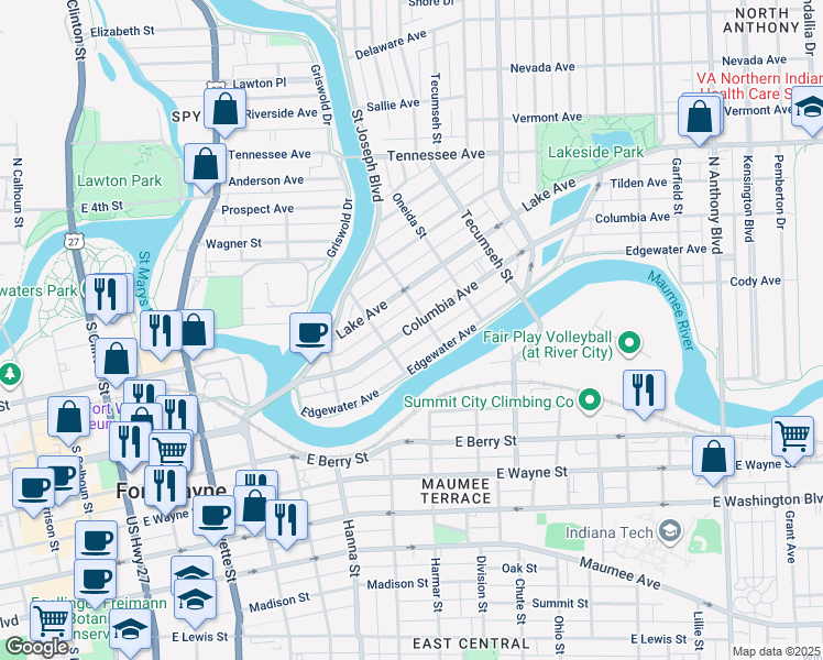 map of restaurants, bars, coffee shops, grocery stores, and more near 923 Edgewater Avenue in Fort Wayne