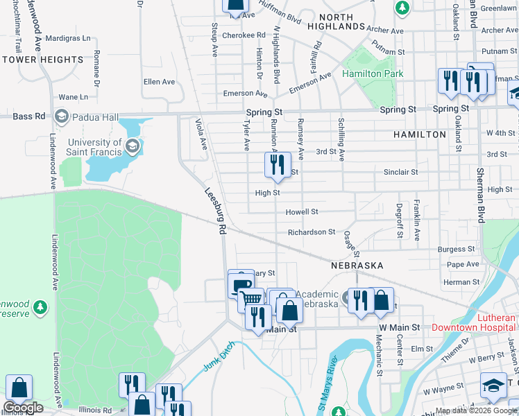 map of restaurants, bars, coffee shops, grocery stores, and more near 1814 Richardson Street in Fort Wayne
