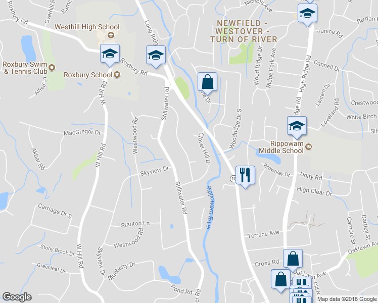 map of restaurants, bars, coffee shops, grocery stores, and more near 53 Long Hill Drive in Stamford