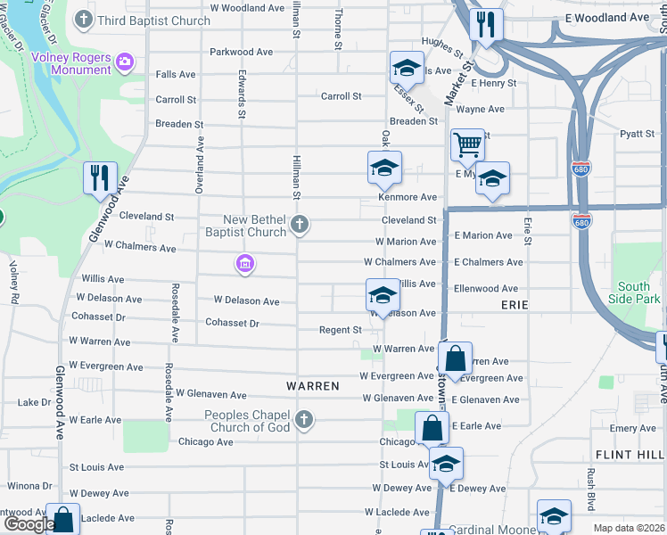 map of restaurants, bars, coffee shops, grocery stores, and more near 171 Willis Avenue in Youngstown