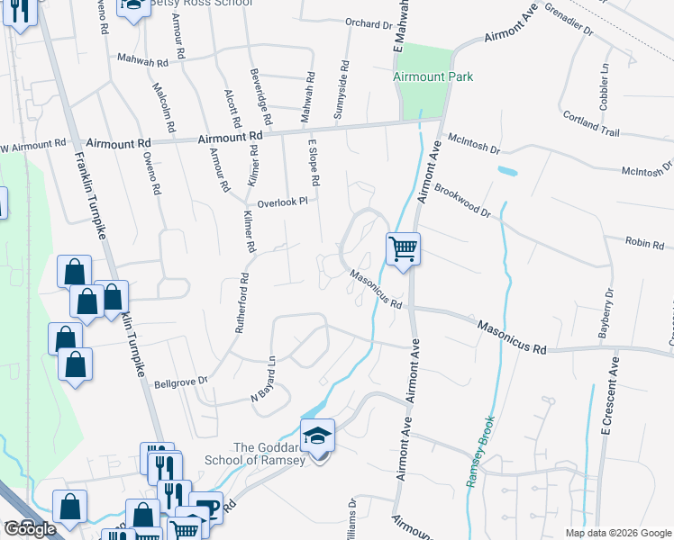 map of restaurants, bars, coffee shops, grocery stores, and more near 1180 Richmond Road in Mahwah