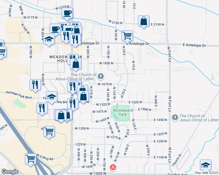 map of restaurants, bars, coffee shops, grocery stores, and more near 1644 North 160 West in Layton