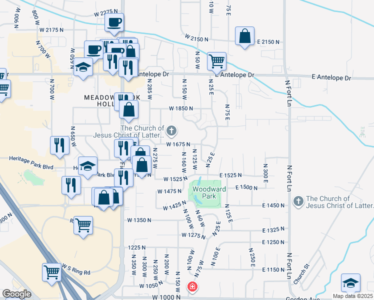 map of restaurants, bars, coffee shops, grocery stores, and more near 1644 North 160 West in Layton