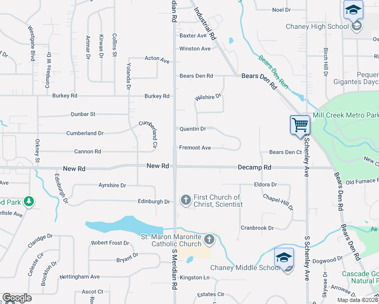 map of restaurants, bars, coffee shops, grocery stores, and more near 1275 South Meridian Road in Youngstown
