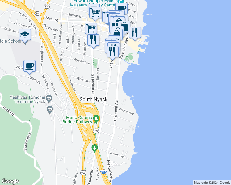 map of restaurants, bars, coffee shops, grocery stores, and more near 170 Piermont Avenue in Nyack