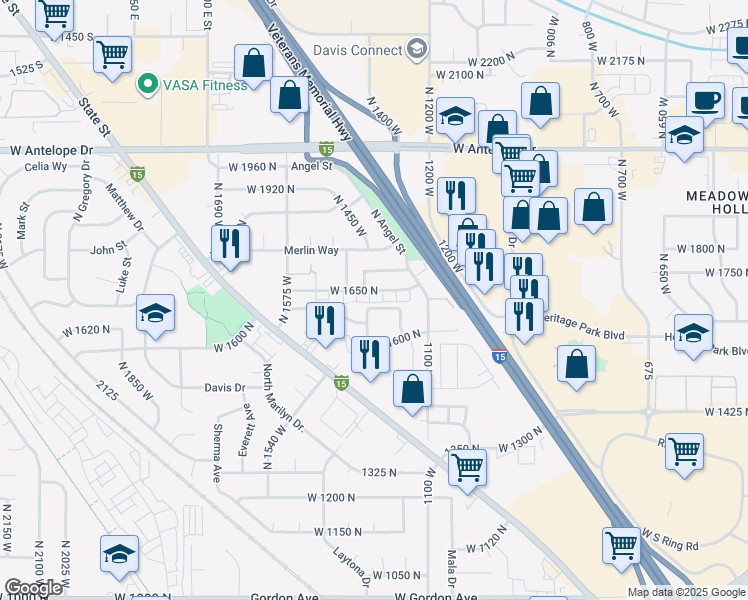 map of restaurants, bars, coffee shops, grocery stores, and more near 1439 West 1650 North in Layton