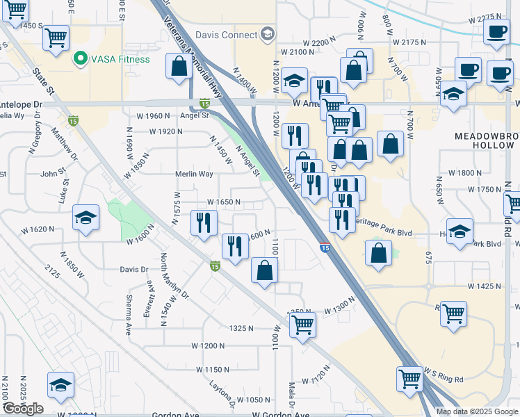 map of restaurants, bars, coffee shops, grocery stores, and more near 1204 West 1650 North in Layton