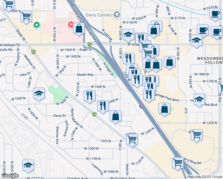 map of restaurants, bars, coffee shops, grocery stores, and more near 1204 West 1650 North in Layton