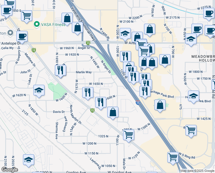 map of restaurants, bars, coffee shops, grocery stores, and more near 1428 West 1650 North in Layton