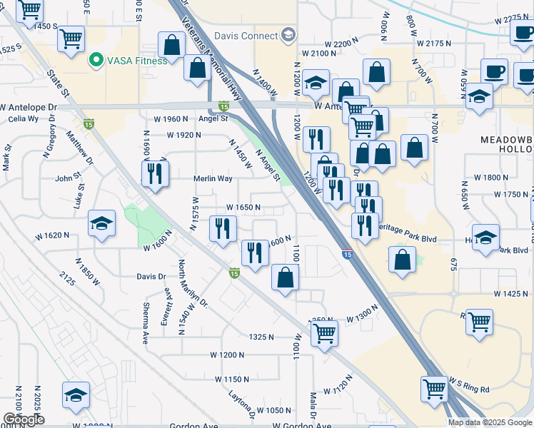 map of restaurants, bars, coffee shops, grocery stores, and more near 1428 West 1650 North in Layton
