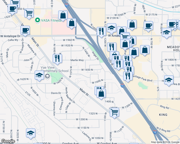map of restaurants, bars, coffee shops, grocery stores, and more near 1428 West 1650 North in Layton