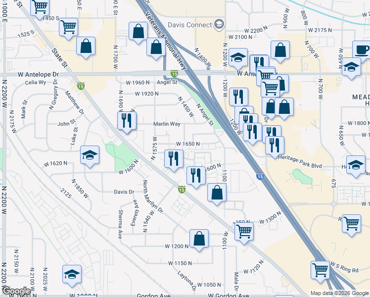 map of restaurants, bars, coffee shops, grocery stores, and more near 1687 North 1450 West in Layton