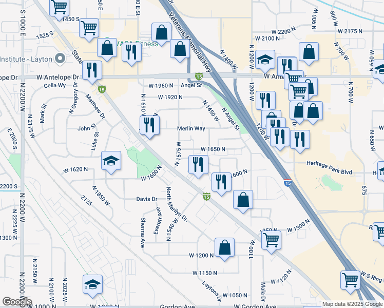map of restaurants, bars, coffee shops, grocery stores, and more near 1683 North 1500 West in Layton