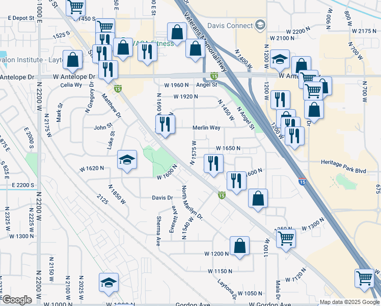 map of restaurants, bars, coffee shops, grocery stores, and more near 1681 North 1575 West in Layton