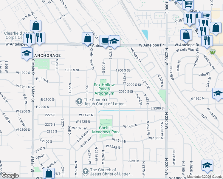map of restaurants, bars, coffee shops, grocery stores, and more near 1992 South 575 East in Clearfield