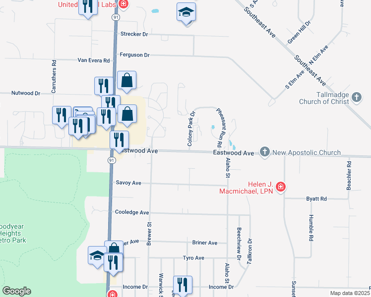 map of restaurants, bars, coffee shops, grocery stores, and more near 897 Colony Park Drive in Akron