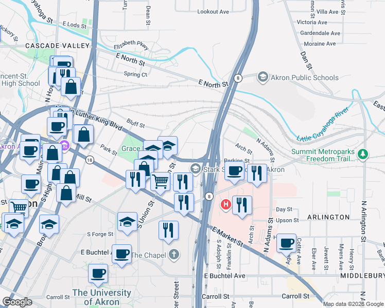 map of restaurants, bars, coffee shops, grocery stores, and more near 125 North Union Street in Akron