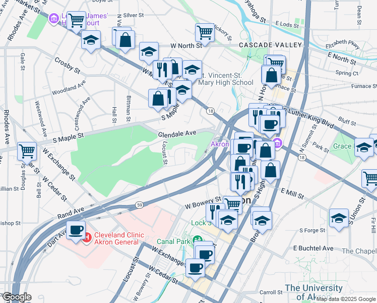 map of restaurants, bars, coffee shops, grocery stores, and more near 125 Oak Park Drive in Akron