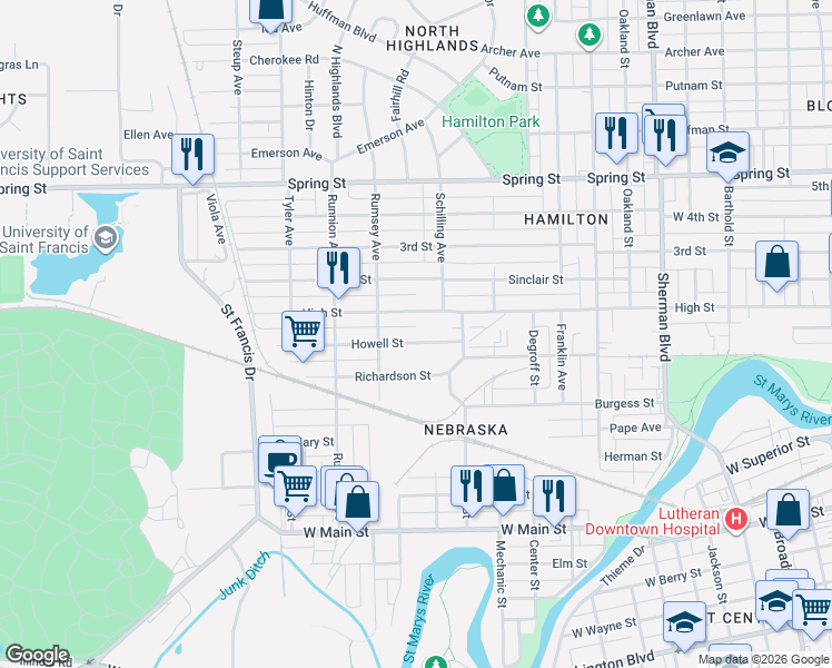 map of restaurants, bars, coffee shops, grocery stores, and more near 1618 High Street in Fort Wayne