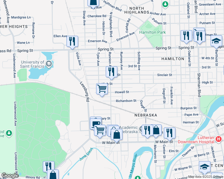 map of restaurants, bars, coffee shops, grocery stores, and more near 1728 High Street in Fort Wayne